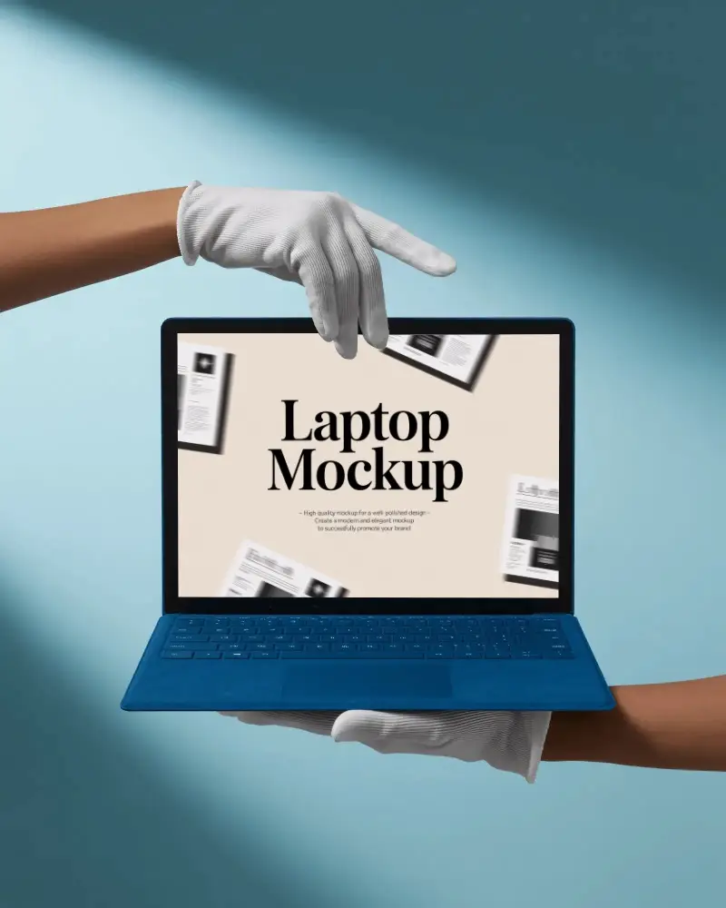 Clean Laptop Mockup With Blank Display Held By Gloved Hands Ideal For Website Showcase