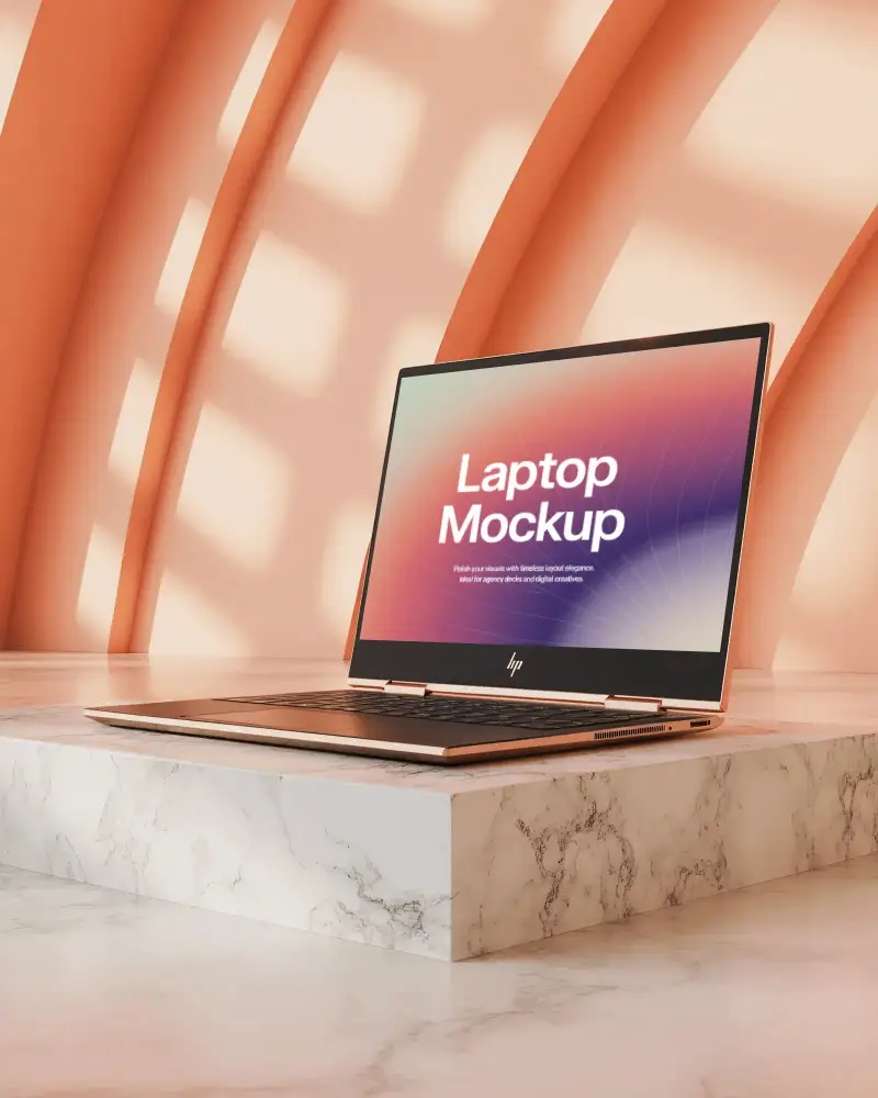 Sleek Modern Laptop Mockup On Marble Pedestal With Natural Light Shadow Play