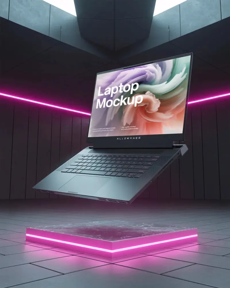 Futuristic Floating Laptop Mockup With Glowing Spotlight And Modern Minimalist Background Design