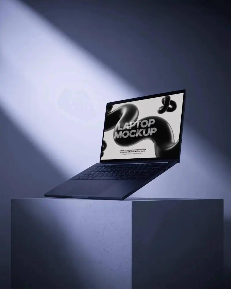 Modern Thin Lightweight Laptop Mockup Floating Above Concrete Pedestal Stylish Tech Display