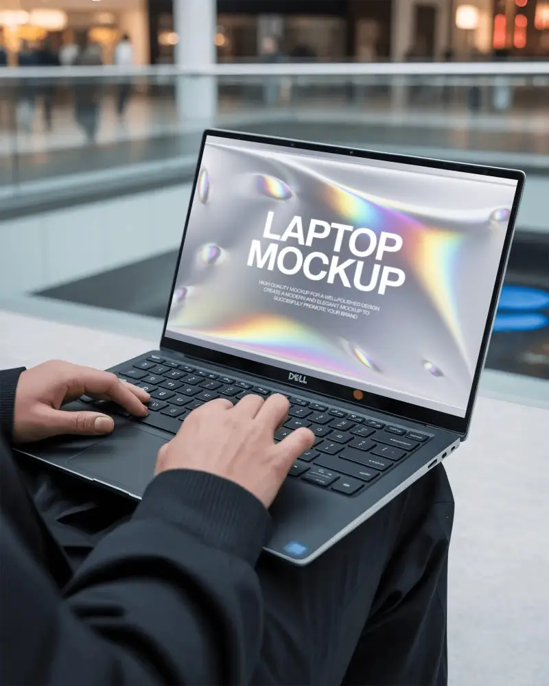 Hands Typing On Sleek Dell Laptop Mockup Blank Screen Closeup In Modern Indoor Setting