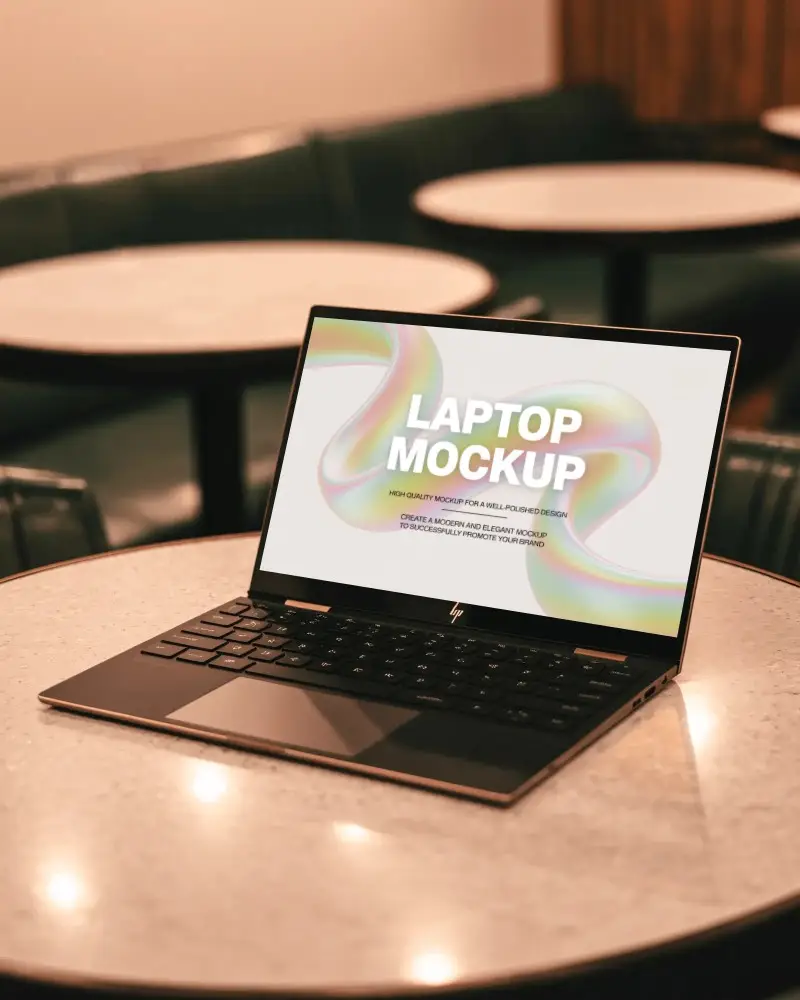 Ultra Slim Laptop Mockup On Rounded Cafe Table Ideal For Modern Business Presentations