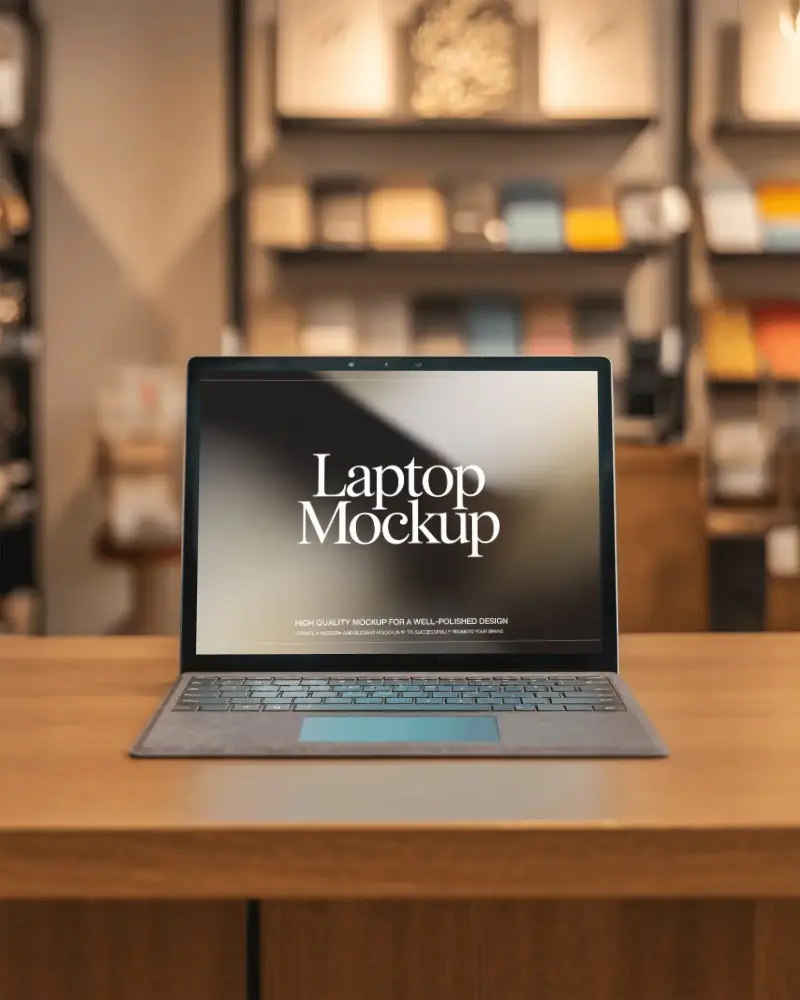 Modern Laptop Mockup Display On Wooden Table With Blurred Background For Design Presentation