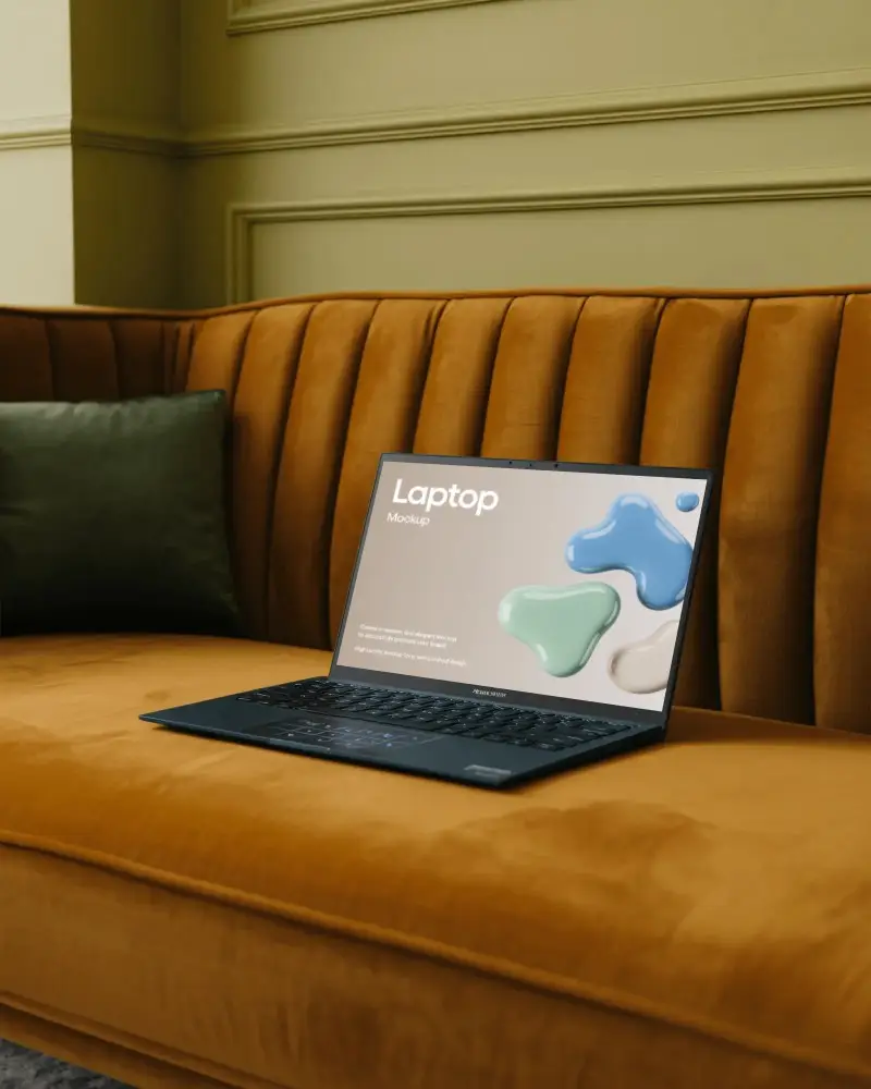Stylish Laptop Mockup On Upholstered Couch For Branding And Web Design Display