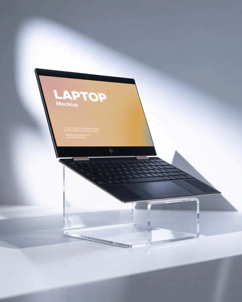Realistic Minimalist Laptop Mockup On Stand For Digital Product Presentation And Marketing