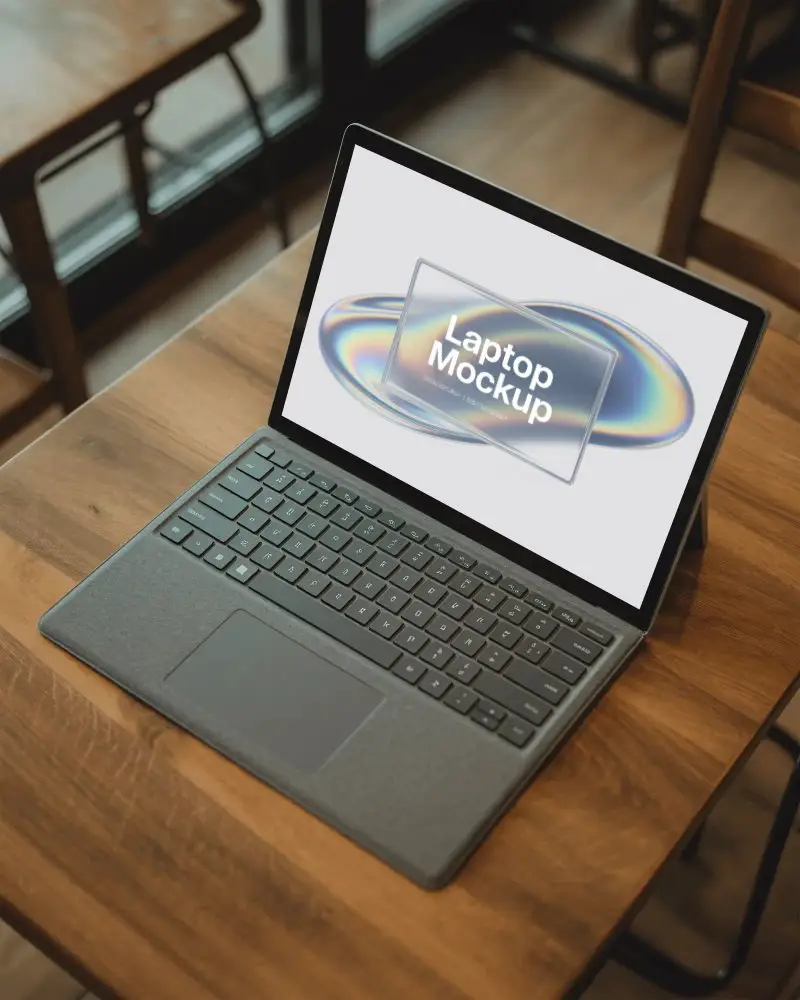 Sleek Modern Laptop Mockup On Wooden Table Perfect For Work Business Or Creative
