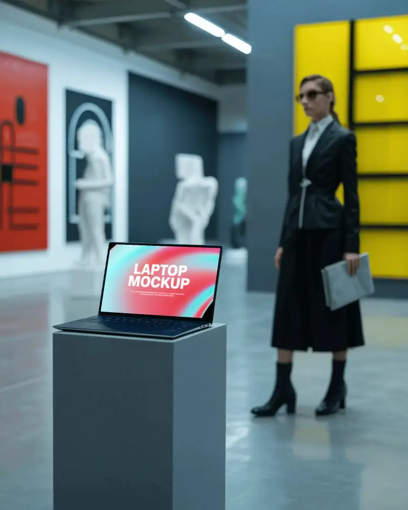 Sleek Microsoft Surface Laptop Mockup In Modern Art Gallery With Sculptures And Bold Wall Design