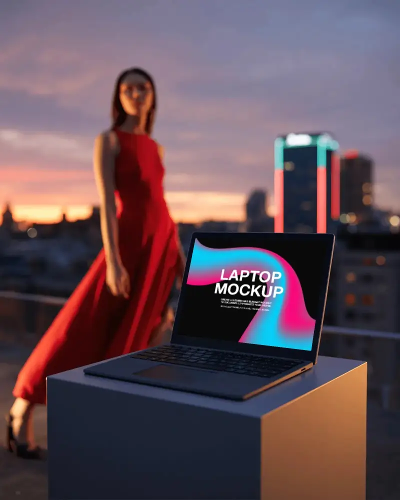 Microsoft Surface Laptop Mockup On Rooftop Pedestal With Elegant Woman In Red Dress At Sunset