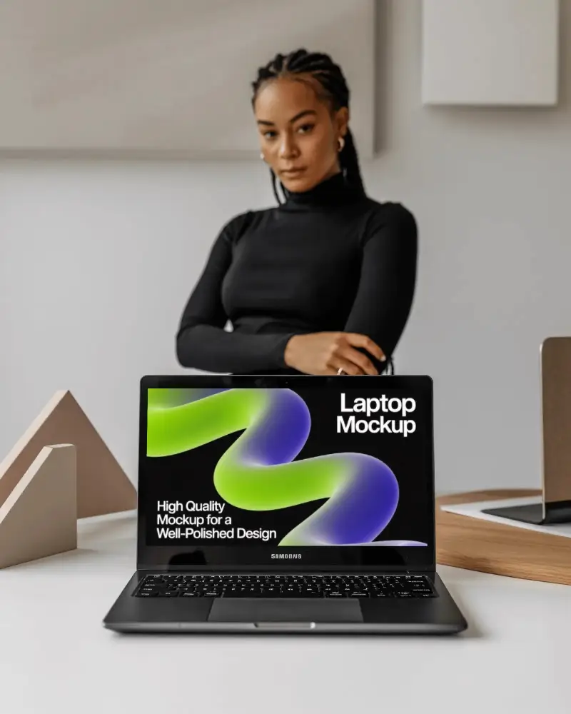 Samsung Laptop Mockup On Desk With Professional Woman In Black Turtleneck Minimal Office Interior