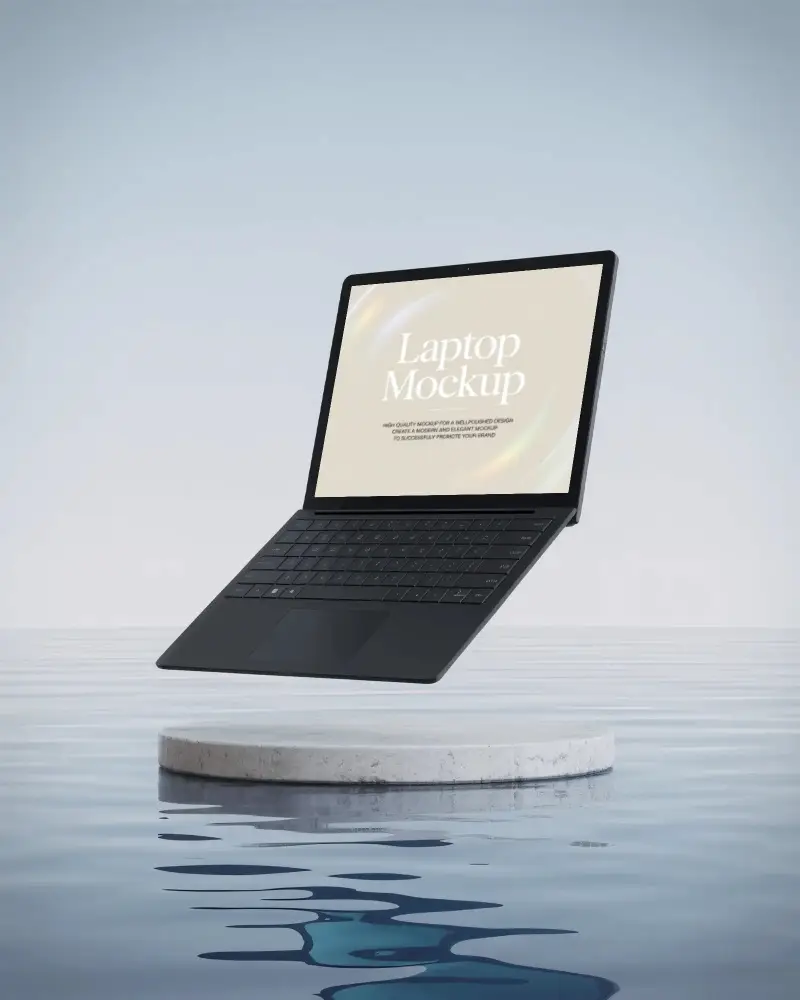 Microsoft Surface Laptop Mockup Floating Above Water On Round Platform With Minimalist Blue Backdrop