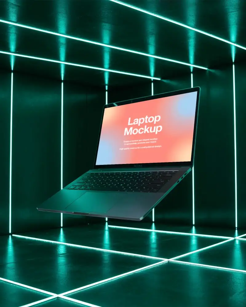 Razer Gaming Laptop Mockup Floating In Futuristic Green Neon Grid Room With Modern Digital Ambience