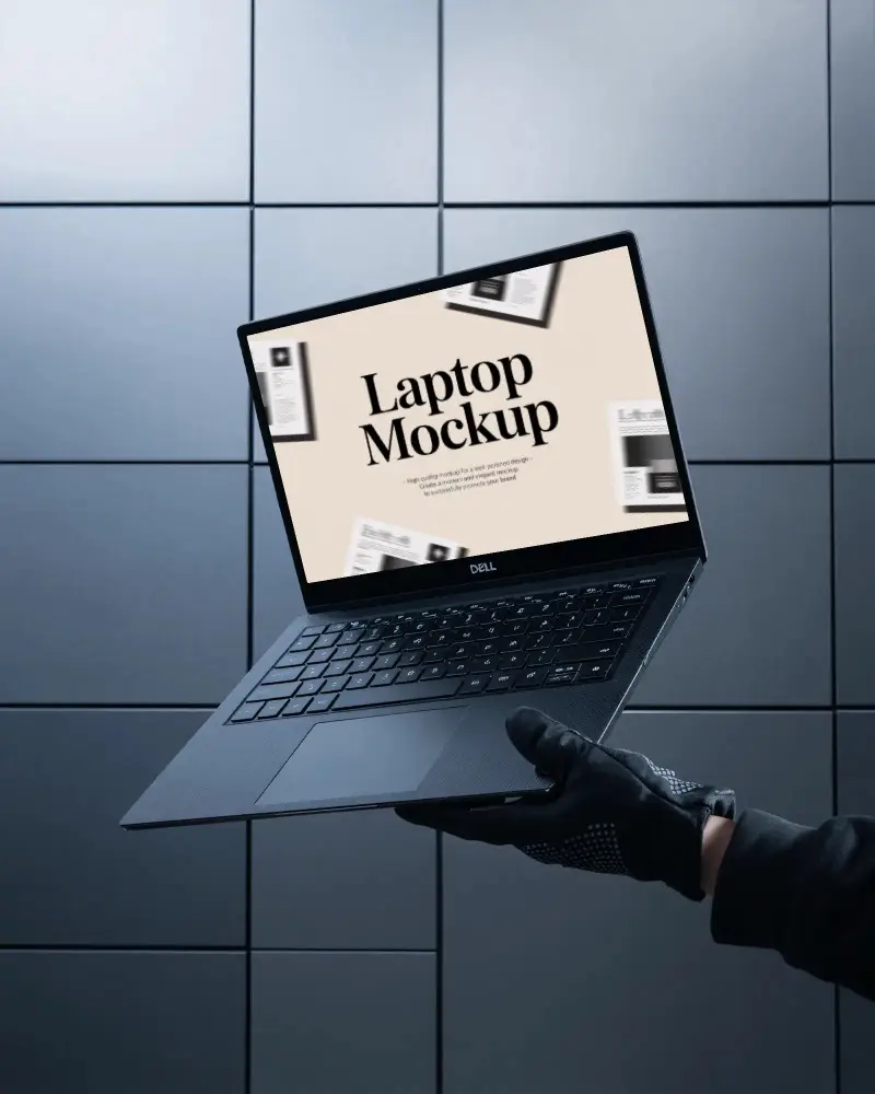 Dell Laptop Mockup Held By Gloved Hand Against Modern Metallic Tiled Wall Minimal Tech Inspired