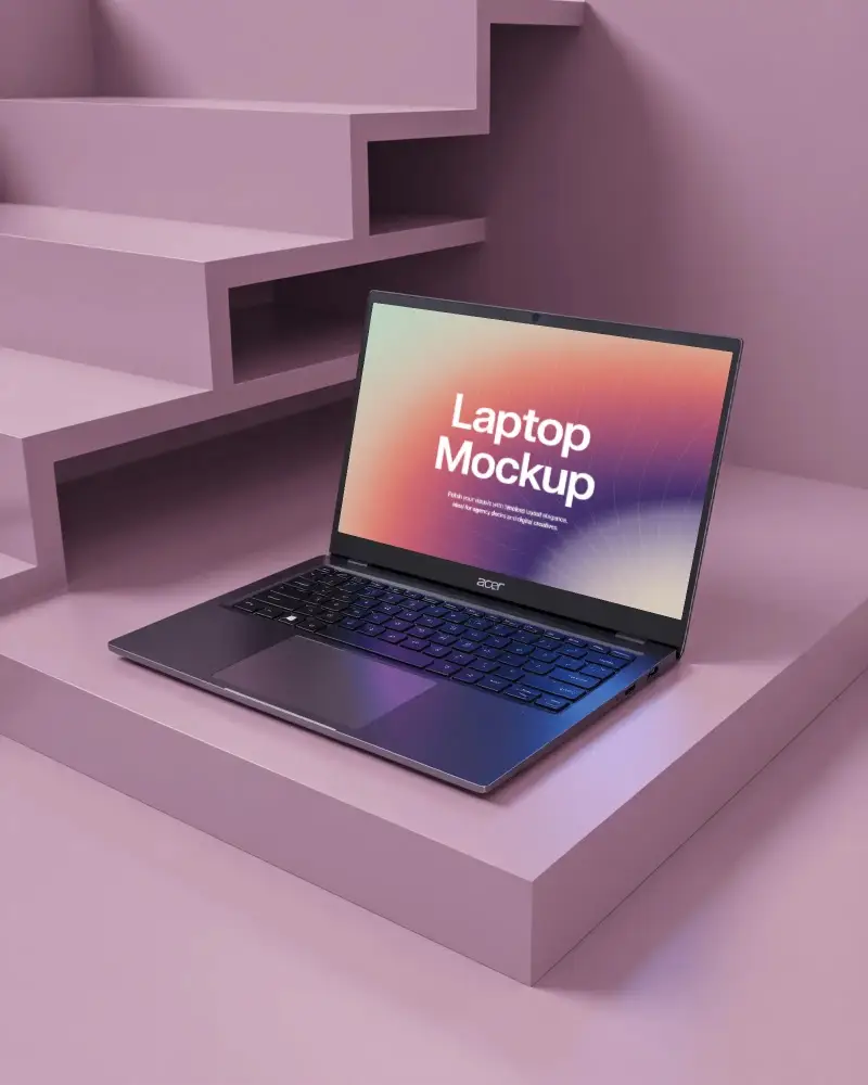 Acer Laptop Mockup On Modern Pink Staircase With Minimalist Architecture And Stylish Soft Color