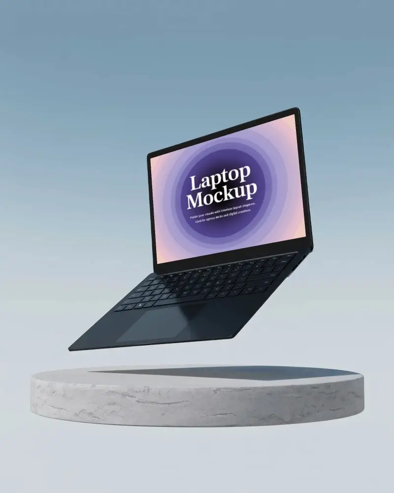 Microsoft Surface Laptop Mockup Floating Above Stone Podium In Minimal Sky Background Clean Design