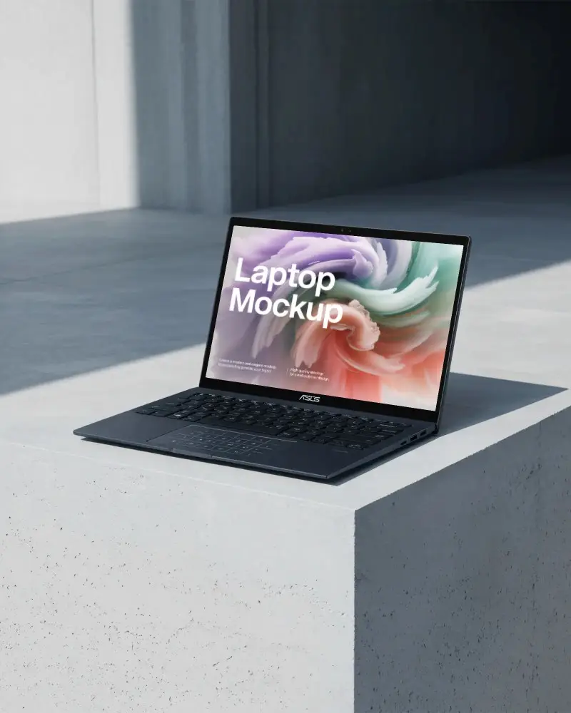 Asus Laptop Mockup On Minimal Concrete Block In Modern Architectural Setting With Natural Daylight