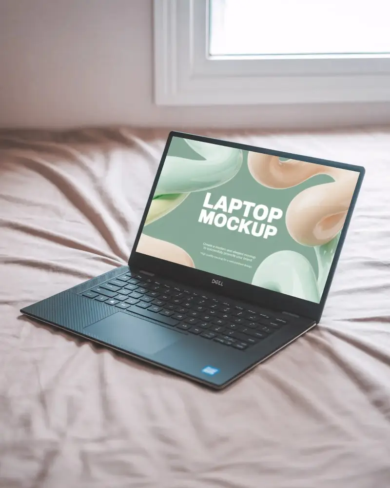 Dell Laptop Mockup On Bed In Cozy Bedroom With Soft Light From Window And Minimal Home Setting