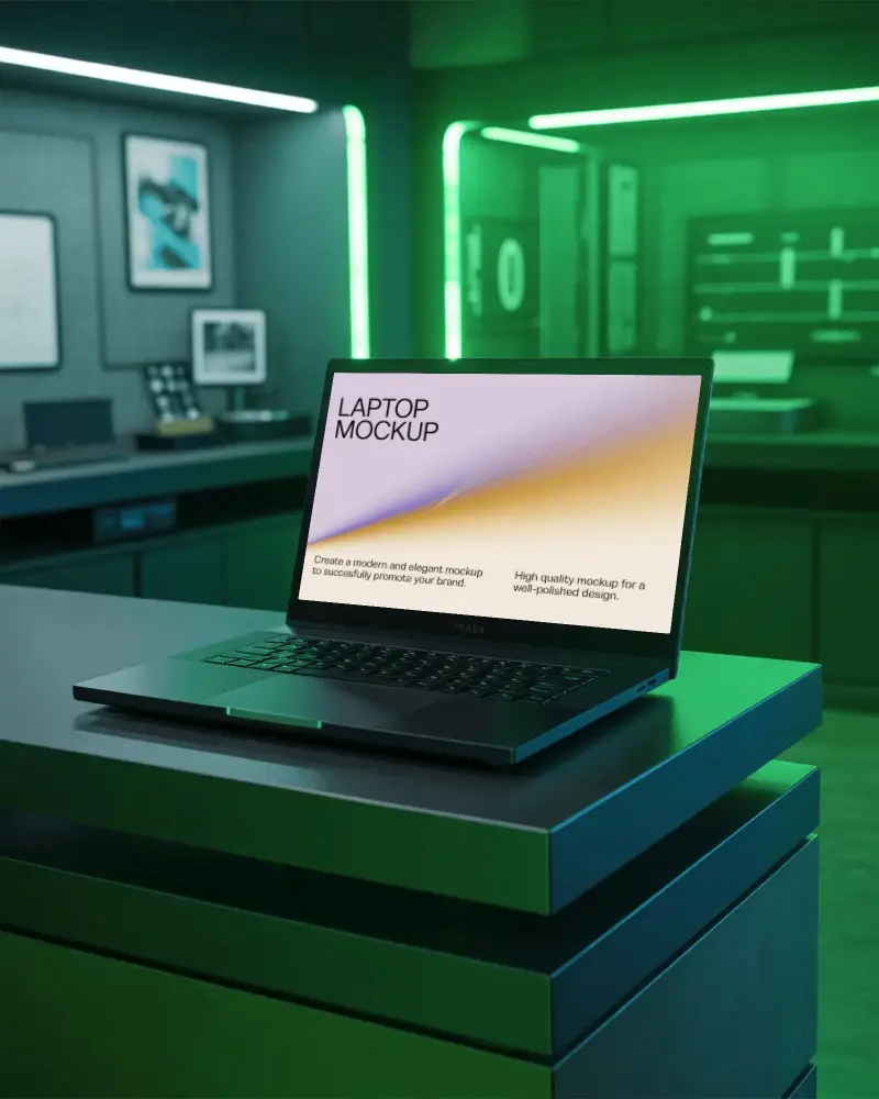 Razer Laptop Mockup On Modern Desk In Gaming Room With Green Neon Lighting And Futuristic Setup
