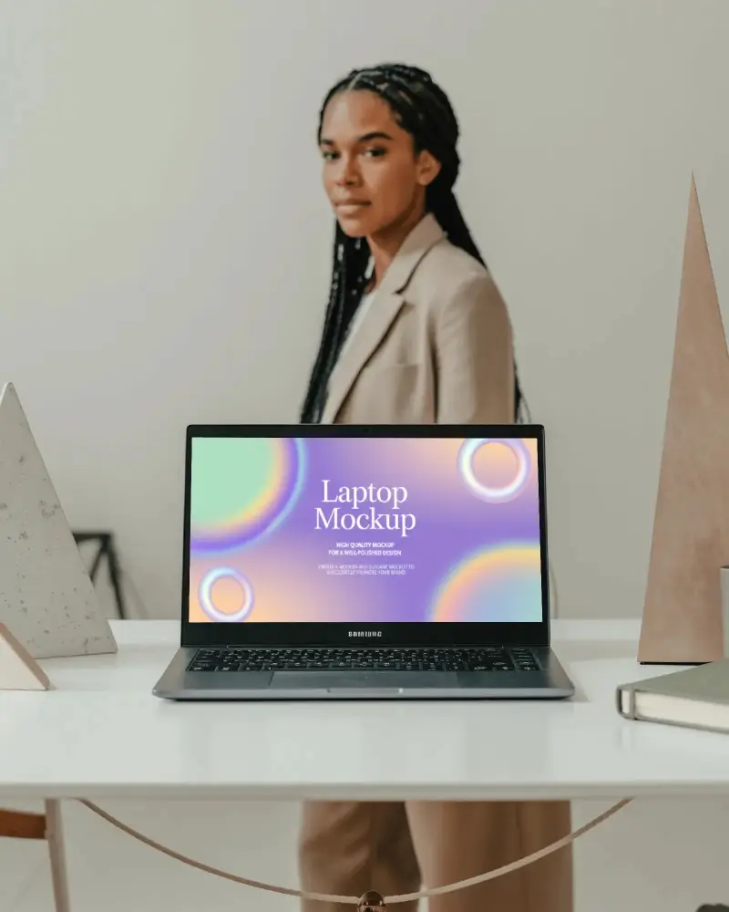 Samsung Laptop Mockup On Desk With Professional Woman In Beige Suit Modern Office Interior Setting