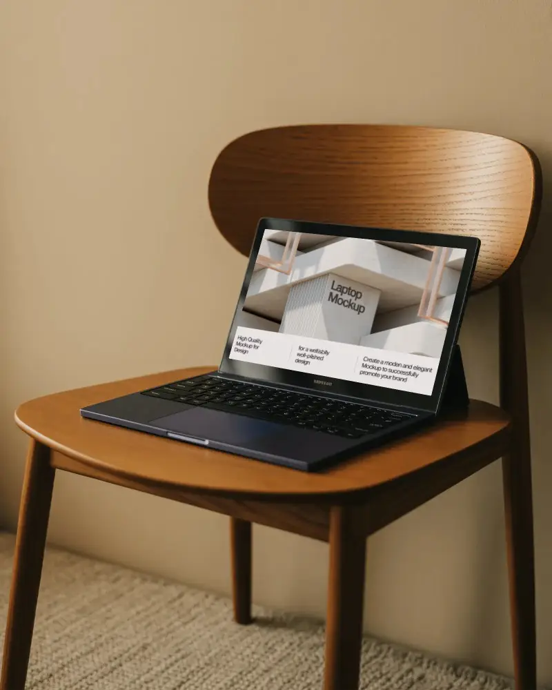 Samsung Laptop Mockup On Wooden Chair In Minimal Home Office With Warm Light And Natural Textures