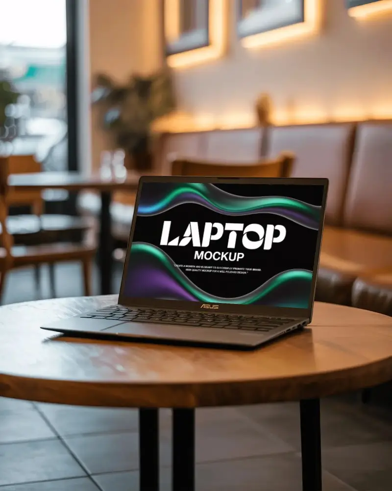 Asus Laptop Mockup On Wooden Cafe Table With Modern Interior And Cozy Lighting In Relaxed Setting