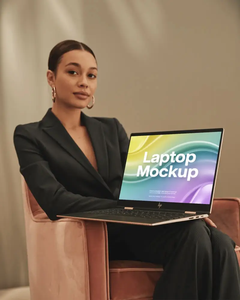 Hp Laptop Mockup Held By Elegant Woman In Business Suit Sitting On Velvet Chair In Stylish Interior