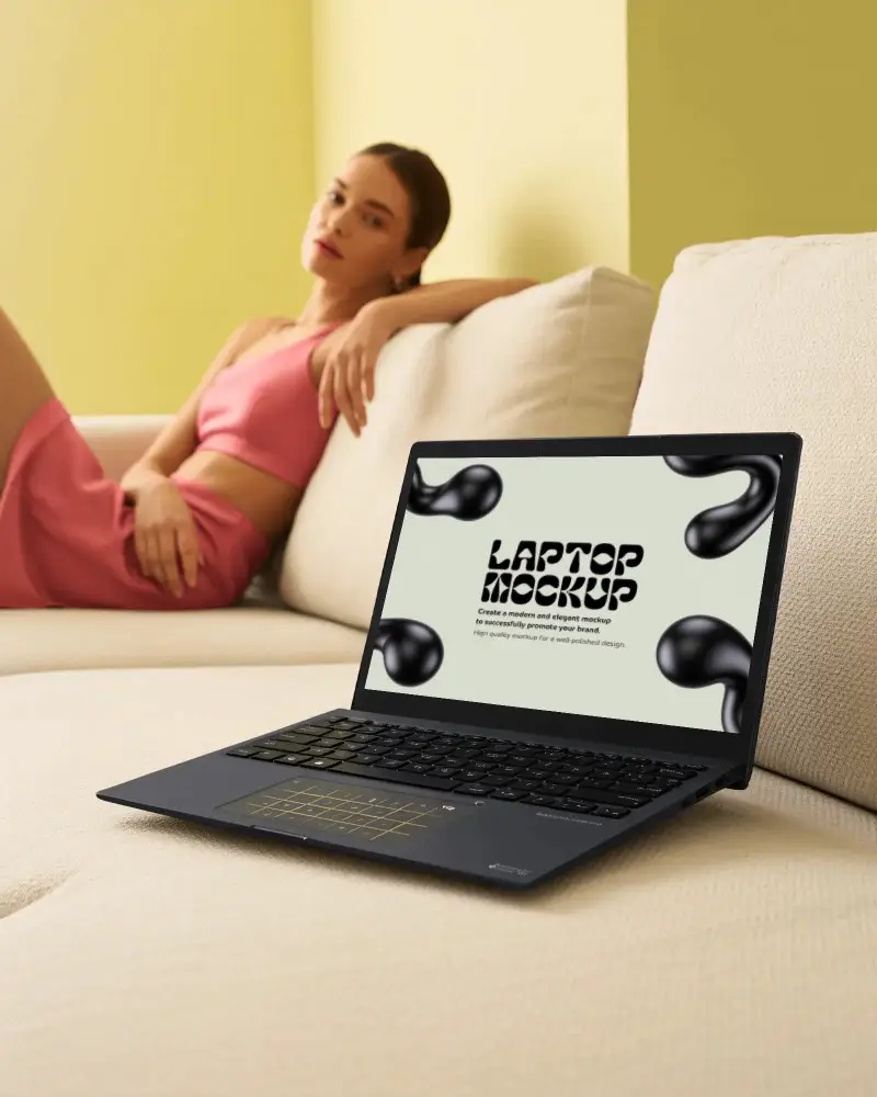 Asus Laptop Mockup On Sofa With Woman In Pink Outfit Relaxed Modern Home Interior With Soft Light