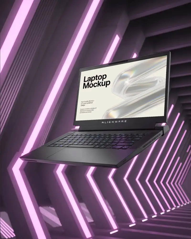 Alienware Gaming Laptop Mockup Floating In Futuristic Neon Tunnel With Purple And Pink Lighting