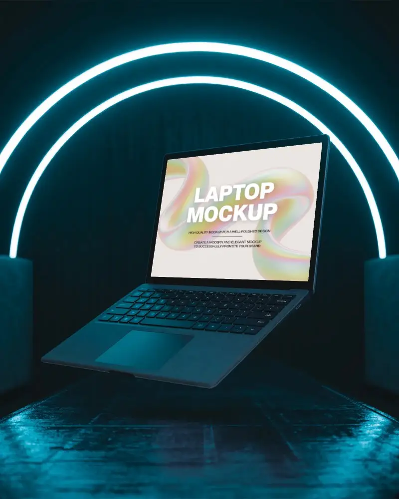 Microsoft Surface Laptop Mockup Floating In Futuristic Scene With Glowing Blue Neon Arc Lighting