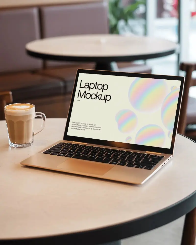 Microsoft Surface Laptop Mockup On Cafe Table With Coffee Cup In Cozy Modern Coffee Shop Environment