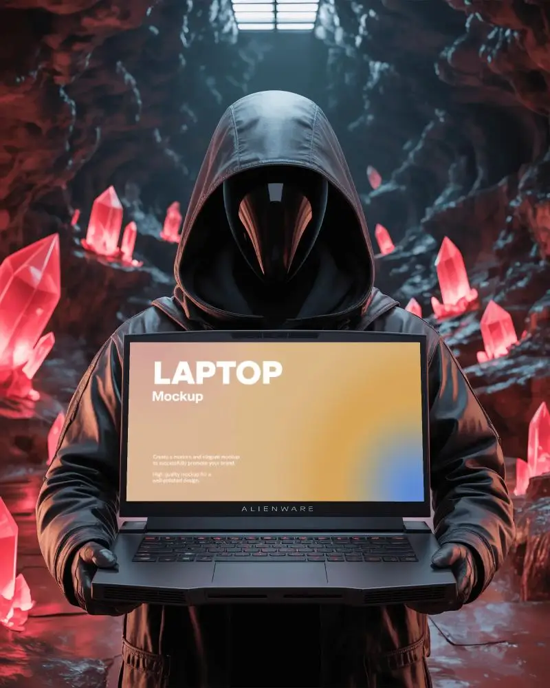 Alienware Gaming Laptop Mockup Held By Hooded Figure In Fantasy Crystal Cave With Red Glow Crystals