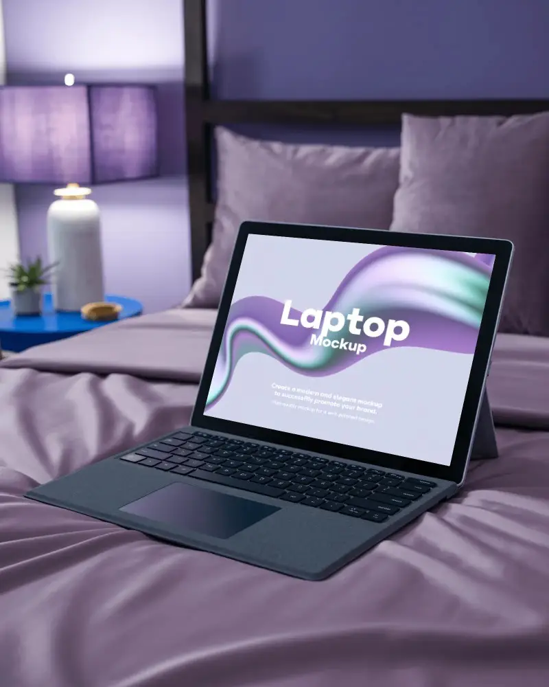 Microsoft Surface Laptop Mockup On Bed In Cozy Bedroom With Purple Sheets And Warm Night Lamp Light
