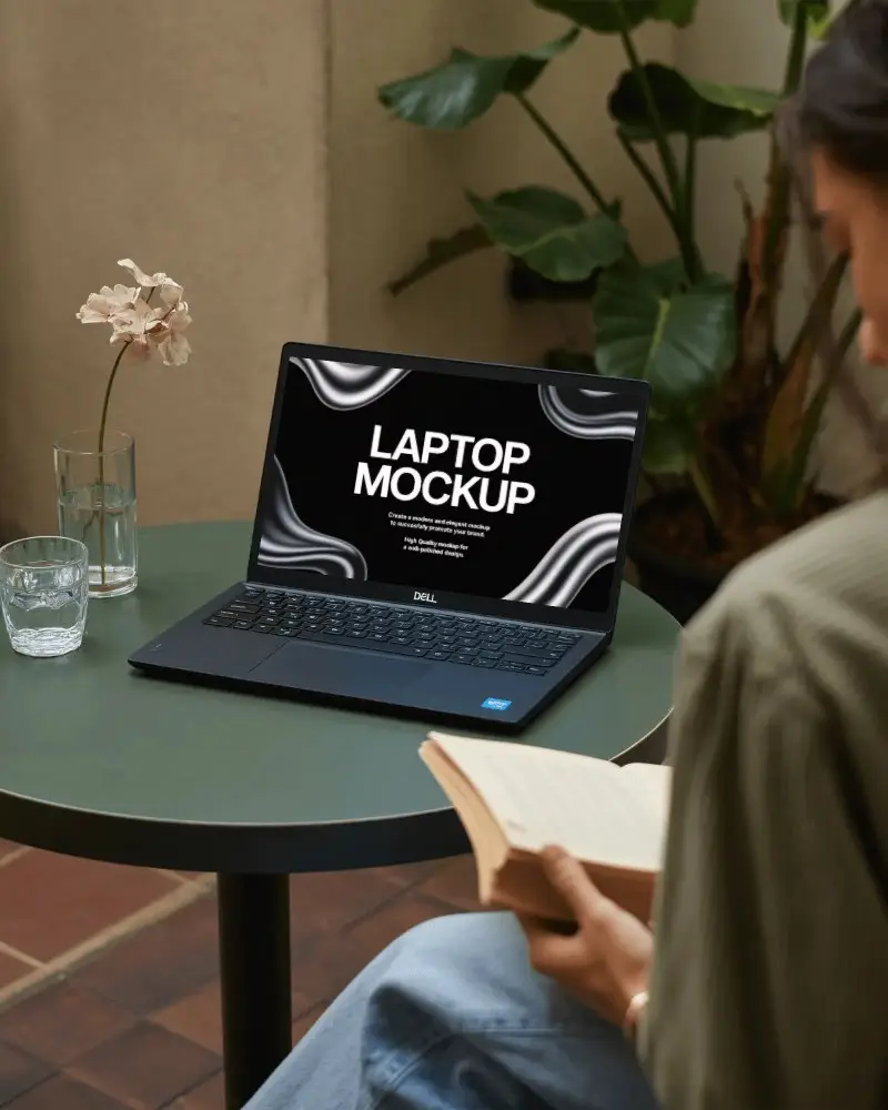Dell Laptop Mockup On Green Table In Cozy Outdoor Space With Person Reading And Minimal Decor