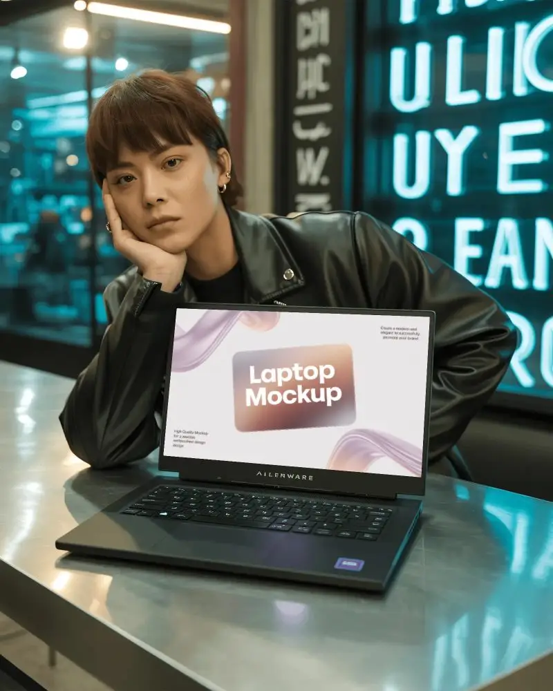 Alienware Gaming Laptop Mockup On Metal Table With Person In Leather Jacket In Urban Neon Cafe
