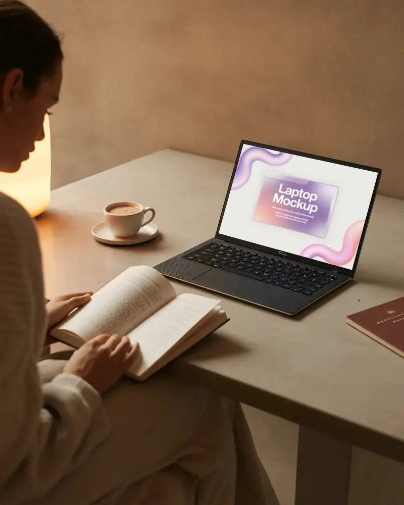 Dell Laptop Mockup On Minimal Desk With Woman Reading Book And Coffee In Soft Warm Lighting