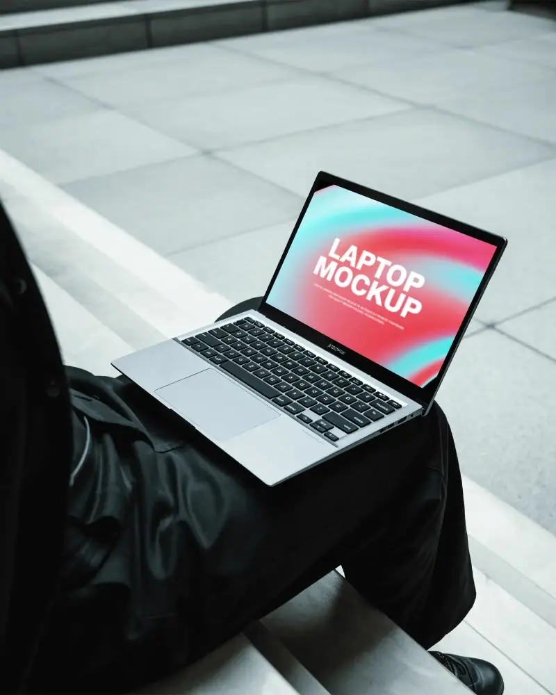 Asus Laptop Mockup On Persons Lap In Modern Urban Environment With Minimal Grey Stone Background