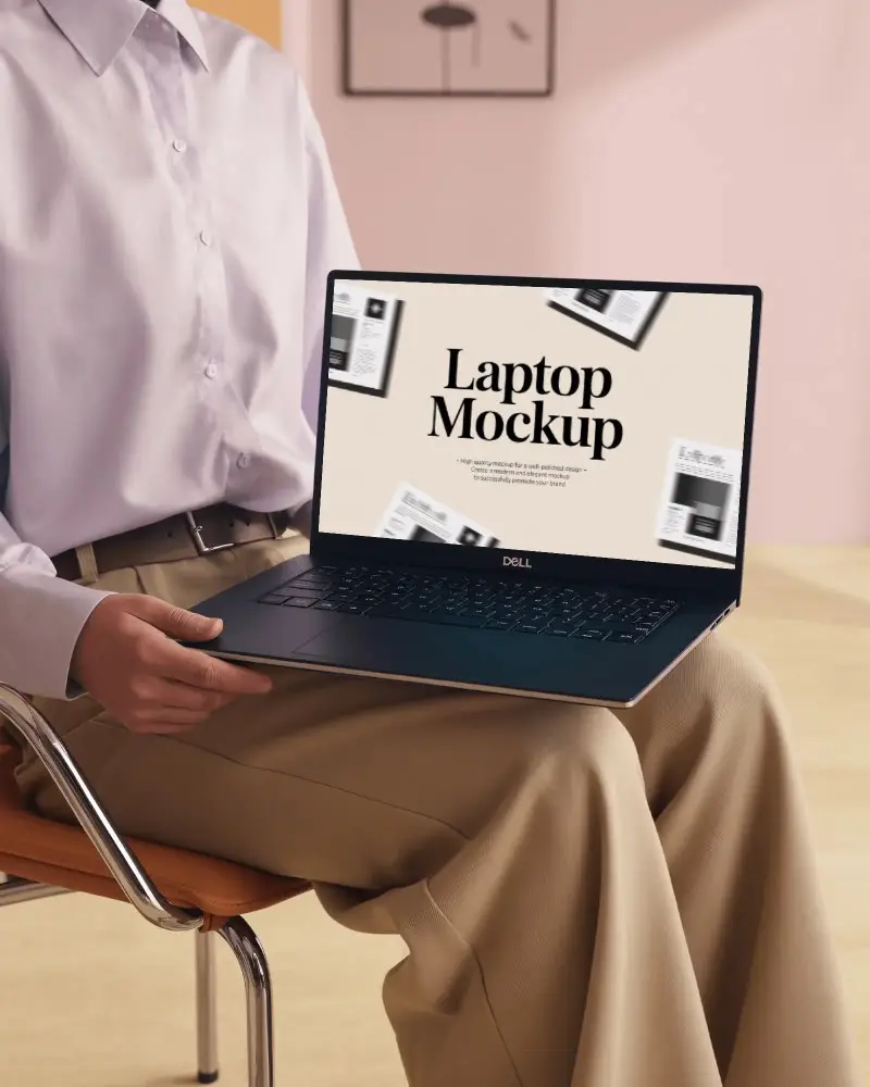 Dell Laptop Mockup Held On Lap By Person In Modern Office Setting With Soft Pastel Background