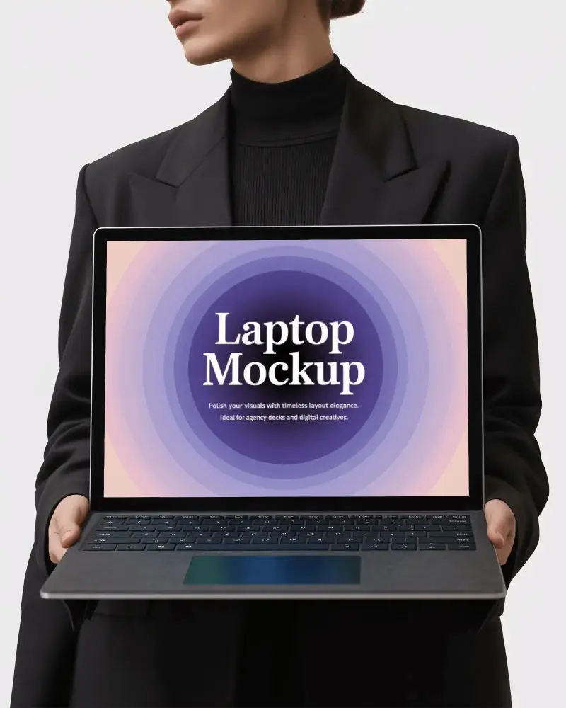 Microsoft Surface Laptop Mockup Held By Woman In Black Blazer Against Clean White Background Style