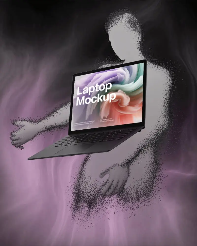 Microsoft Surface Laptop Mockup Floating With Digital Human Silhouette In Purple Smoke Art Scene