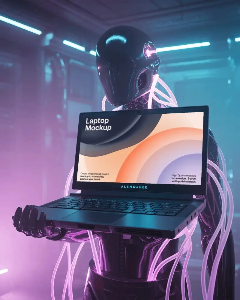 Alienware Laptop Mockup Held By Futuristic Cyborg In Cyberpunk Environment With Neon Lights