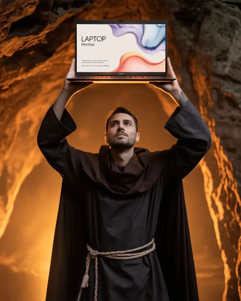 Hp Laptop Mockup Held By Monk In Cave With Dramatic Firelight Background