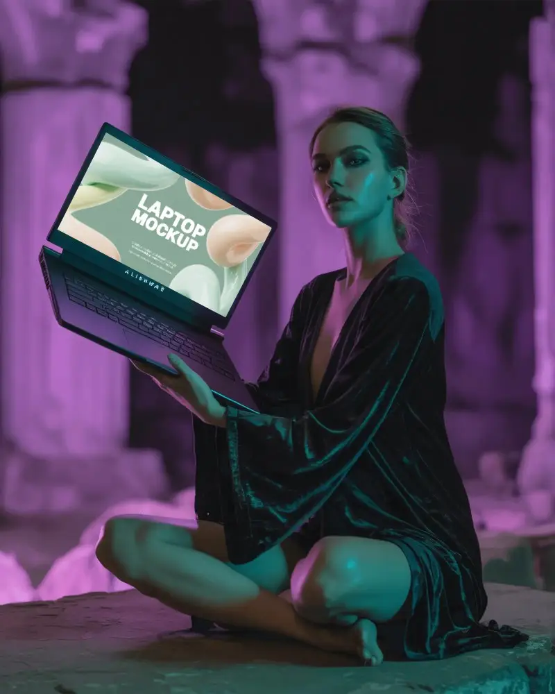 Alienware Laptop Mockup Women Holding Gaming Device In Mystical Ruins