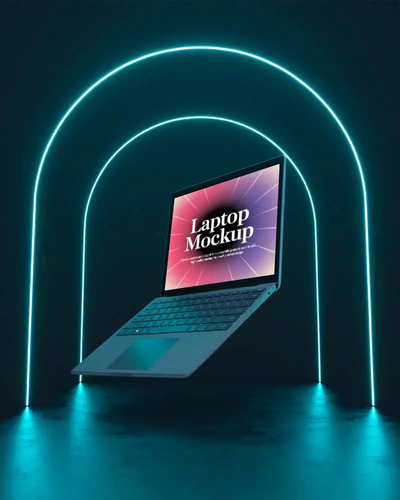 Microsoft Surface Laptop Mockup Floating In Neon Arch With Futuristic Blue Light