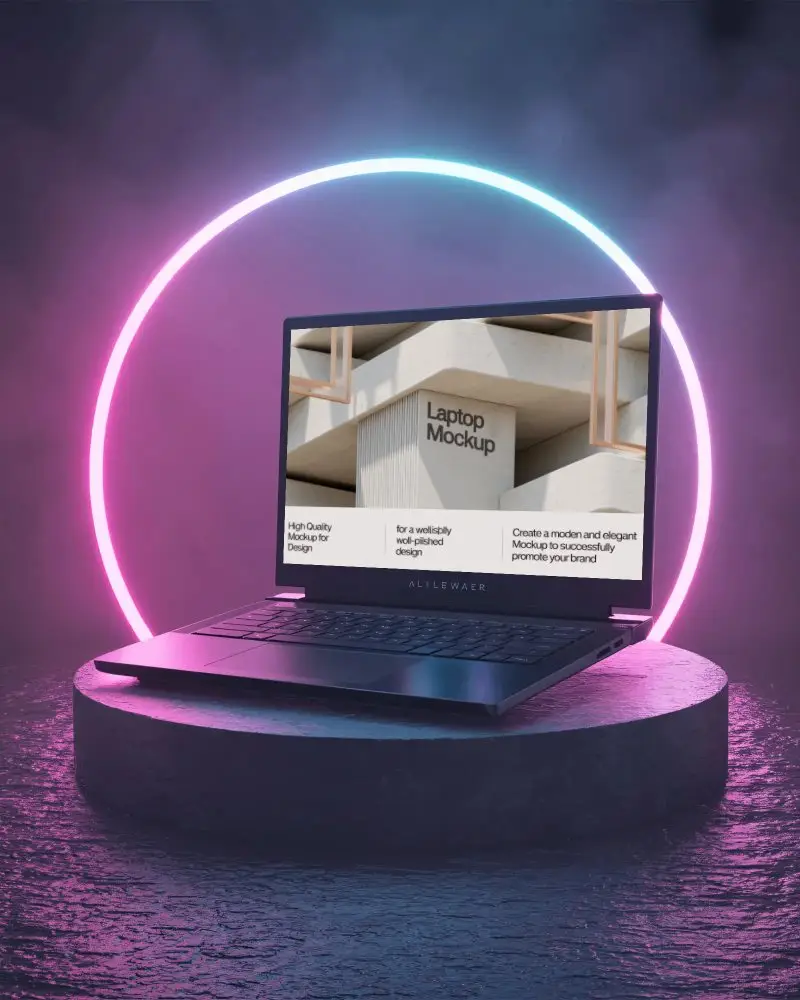 Alienware Laptop Mockup On Pedestal With Glowing Neon Circle Background