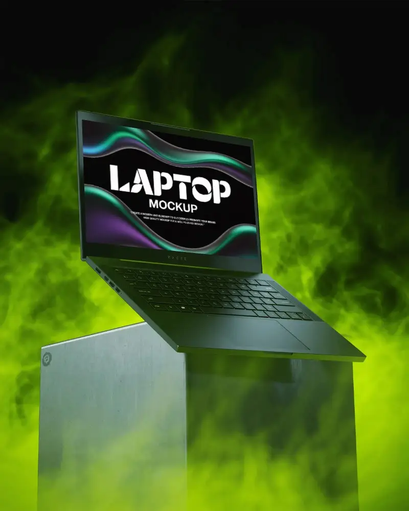 Razer Gaming Laptop Mockup Surrounded By Green Smoke On Industrial Pedestal