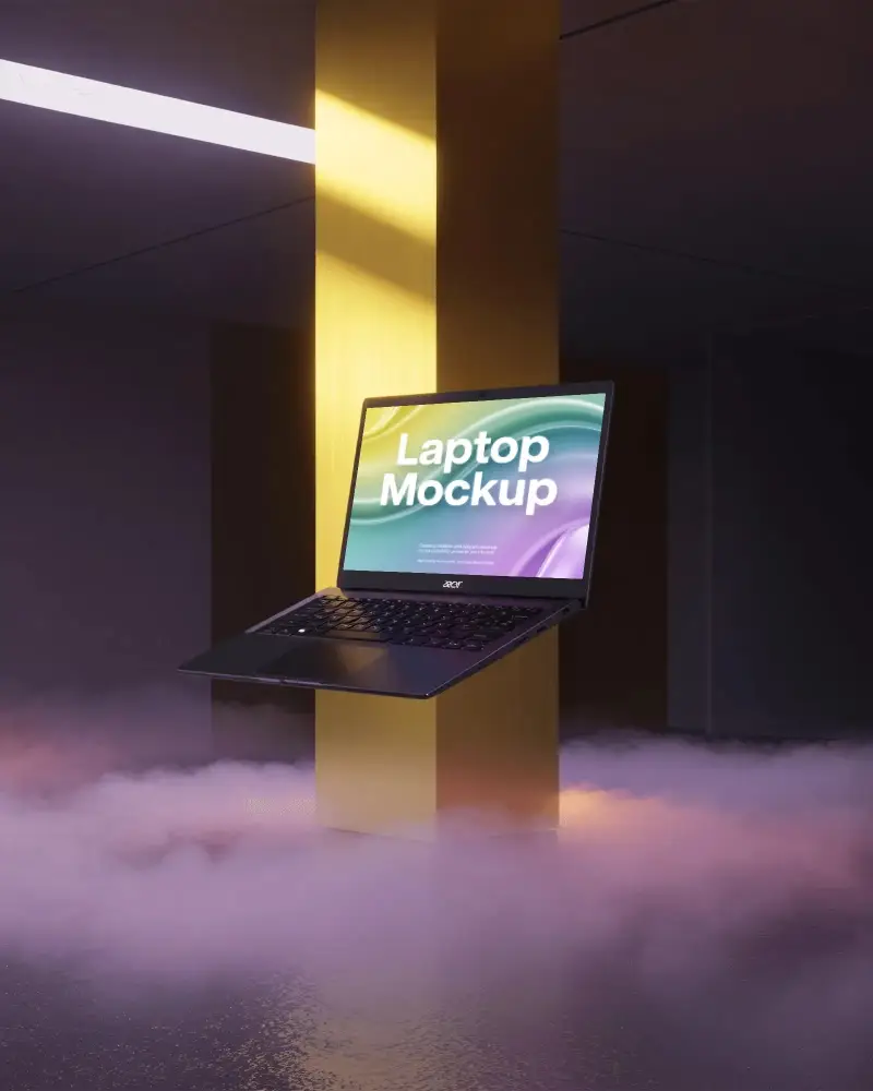Acer Laptop Mockup Floating In Futuristic Room With Yellow Pillar And Fog