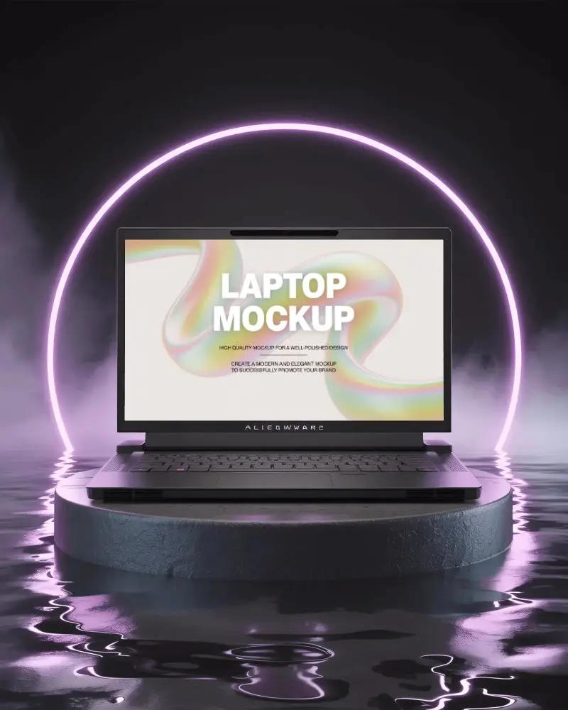 Alienware Gaming Laptop Mockup Floating On Pedestal With Pink Neon Ring And Water Reflection