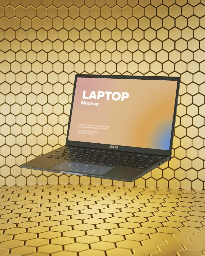 Asus Laptop Mockup Floating In Golden Honeycomb Background Luxury Digital Scene