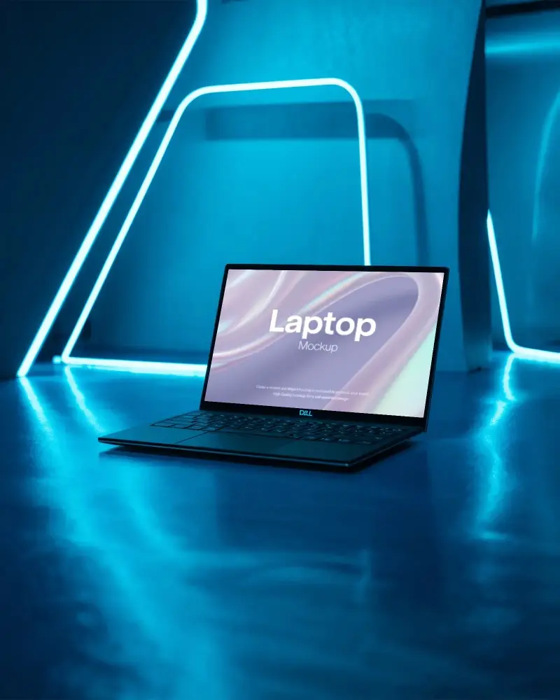 Dell Laptop Mockup In Futuristic Blue Neon Room With Modern Lighting And Glow