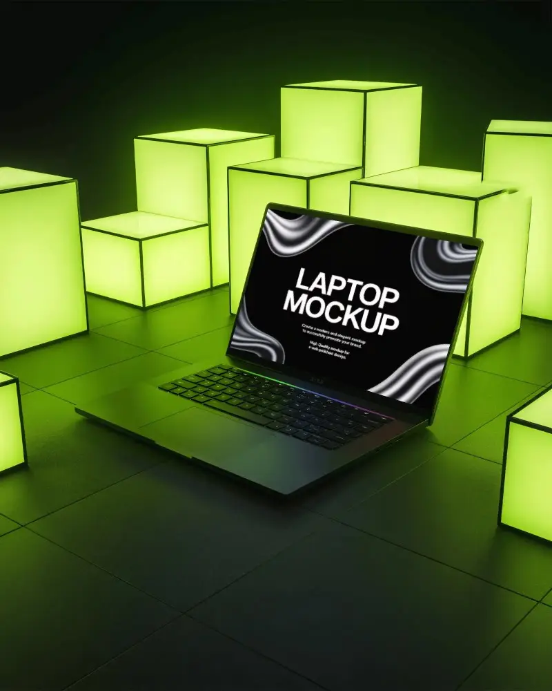Razer Gaming Laptop Mockup Surrounded By Glowing Green Cubes In Dark Futuristic Room