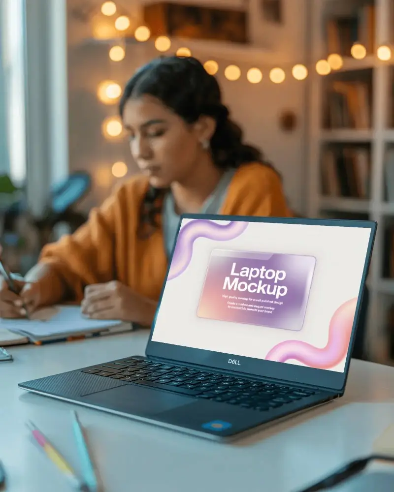 Dell Laptop Mockup In Cozy Home Office Setup With Student Studying In Background